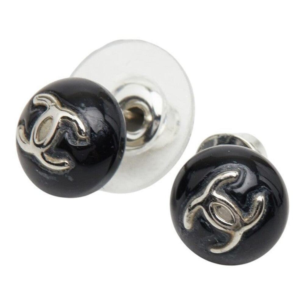 Chanel CC Logo Stud Earrings Plastic Metal Black